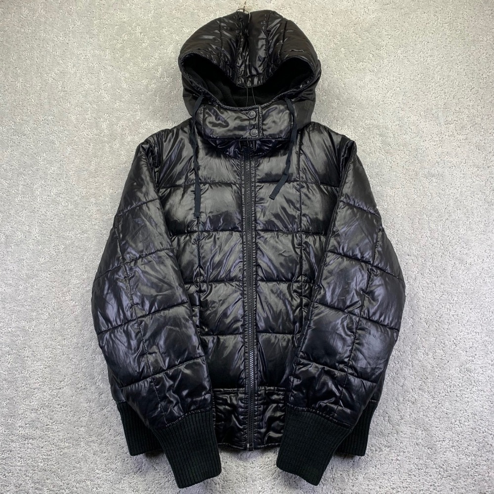 Old Navy Puffer Jacket Womens Large Black Hooded Quilted Fleece Lined‎ Y2k